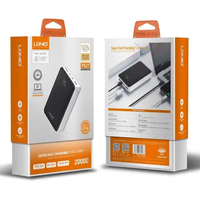 LDNIO PQ27 65W 77Wh 20000mah 77Wh Digital Display Power Bank External Battery Power Supply with 2 Inputs & 3 Outputs Support QC5/4+/3+/3.0 PD3.0 PPS SCP FCP SCP AFC PPS VOOC Fast Charging for iPhone 1